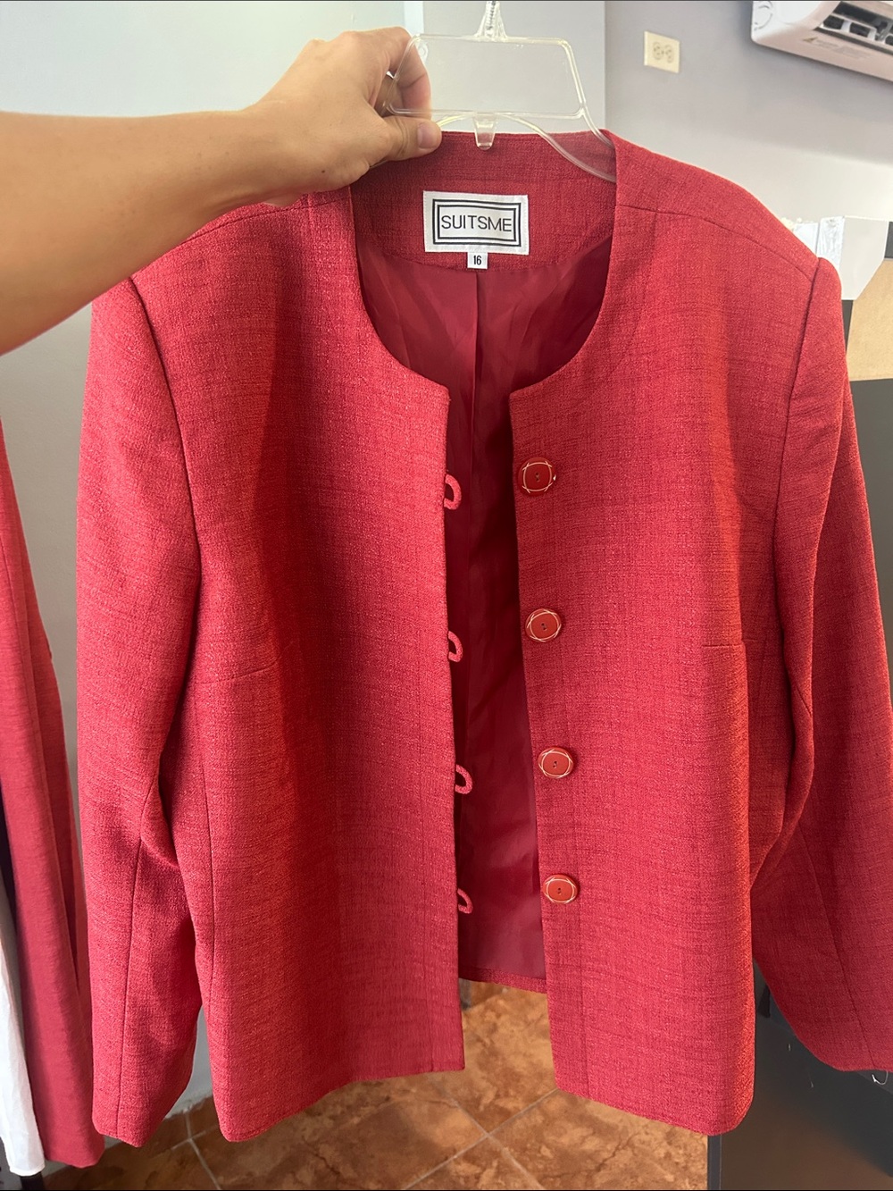 Women's Red Collarless Blazer Jacket and pant set
